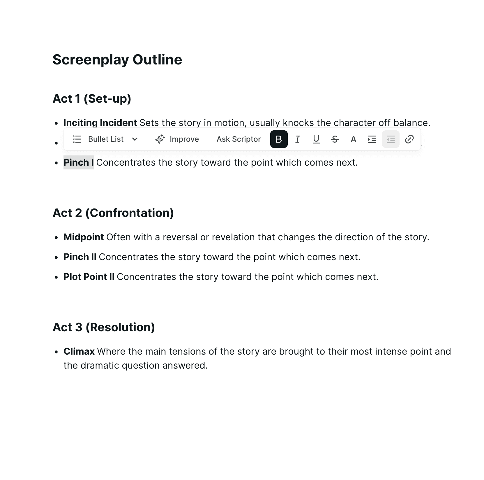 Scriptor text editor interface showing story development tools and writing workspace