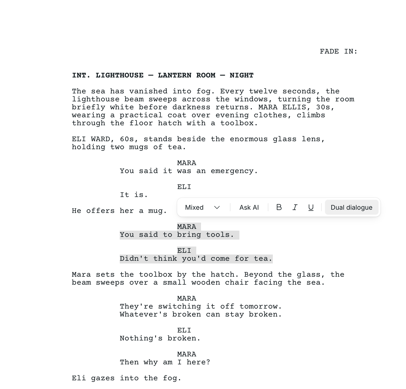 Scriptor screenplay editor interface showing professional script formatting, industry-standard tools, and writing workspace